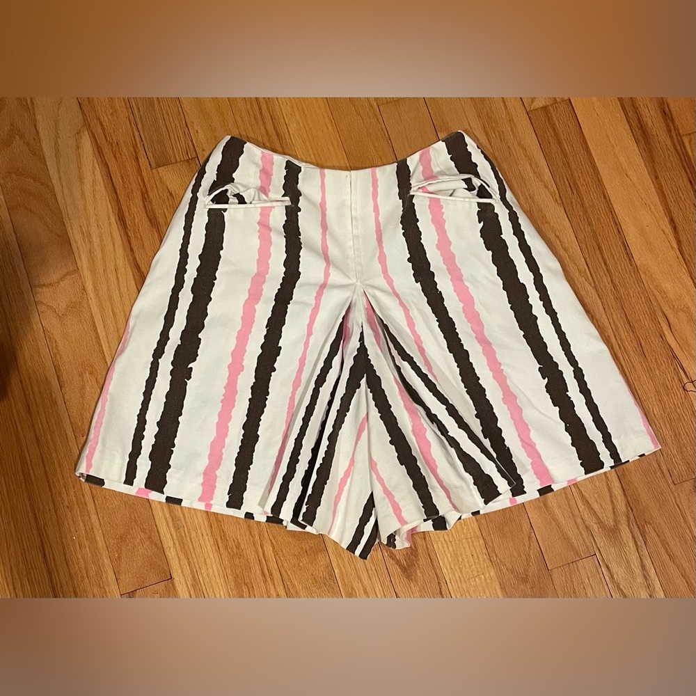 Vintage 60s / 70s Brown White & Pink Striped Pleated Shorts / Sportswear Skort - Picture 3 of 9